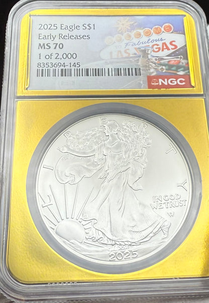 2025 $1 American Silver Eagle NGC MS70 Early Releases Vegas Label Gold Foil Rare 1 of 2,000 Mint