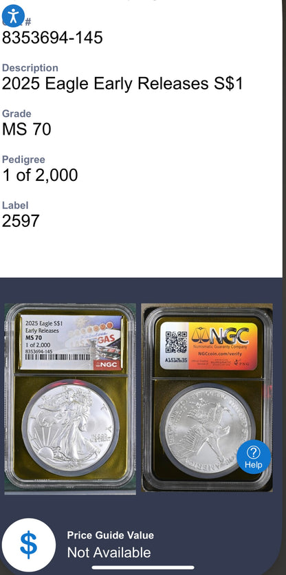 2025 $1 American Silver Eagle NGC MS70 Early Releases Vegas Label Gold Foil Rare 1 of 2,000 Mint