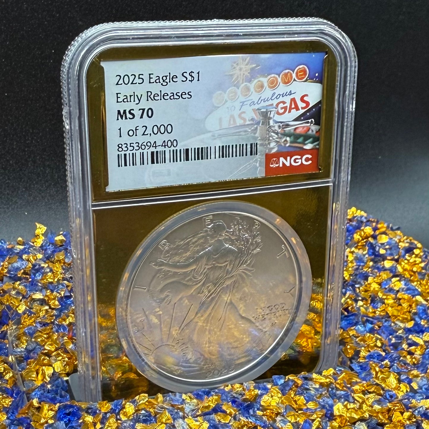 2025 $1 American Silver Eagle NGC MS70 Early Releases Vegas Label Gold Foil Rare 1 of 2,000 Mint