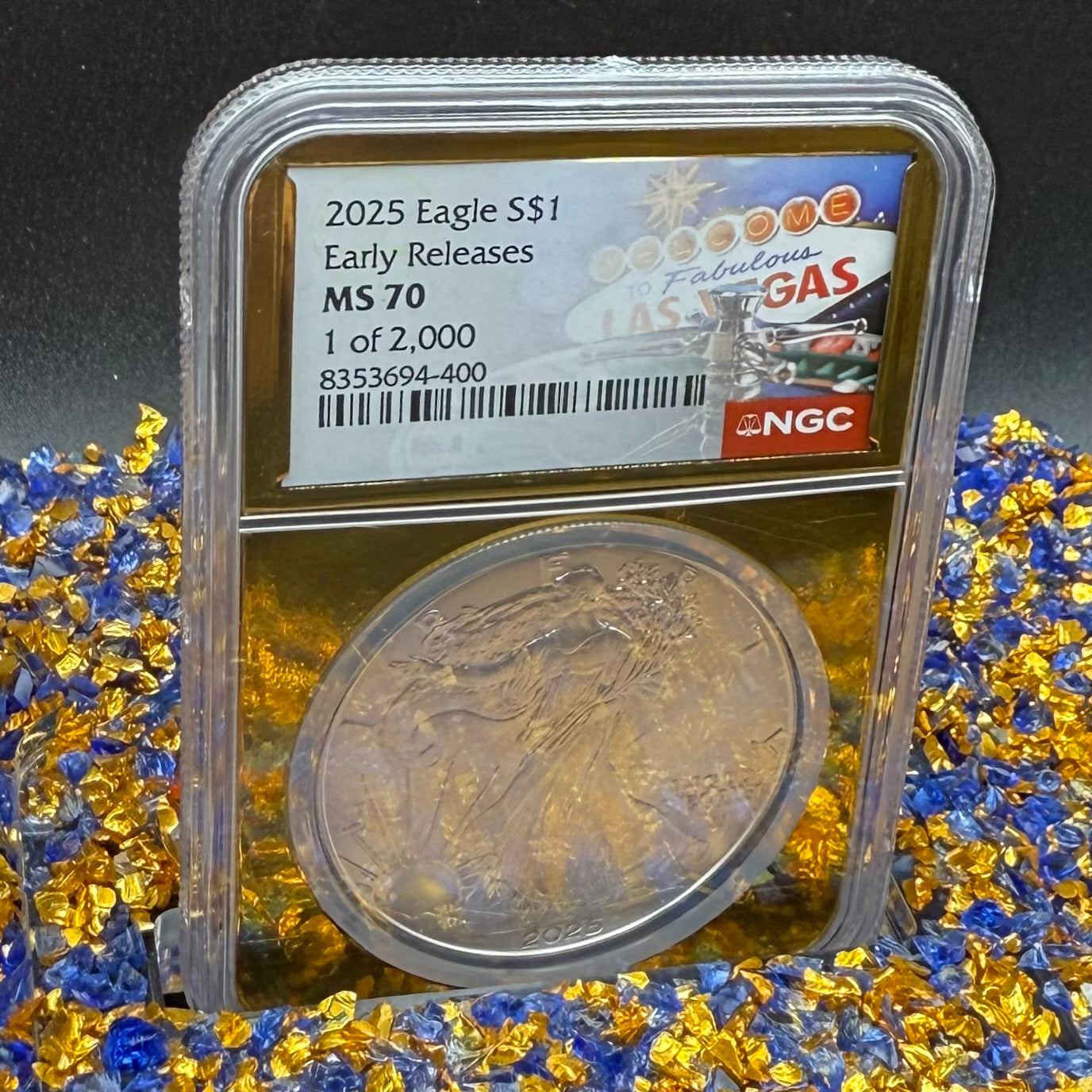 2025 $1 American Silver Eagle NGC MS70 Early Releases Vegas Label Gold Foil Rare 1 of 2,000 Mint