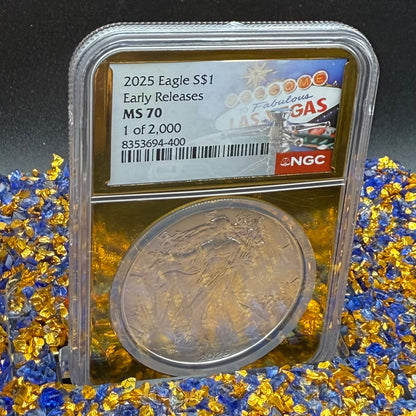 2025 $1 American Silver Eagle NGC MS70 Early Releases Vegas Label Gold Foil Rare 1 of 2,000 Mint