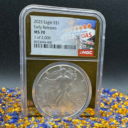 2025 $1 American Silver Eagle NGC MS70 Early Releases Vegas Label Gold Foil Rare 1 of 2,000 Mint