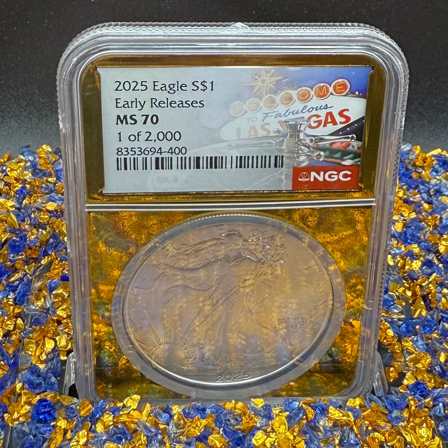 2025 $1 American Silver Eagle NGC MS70 Early Releases Vegas Label Gold Foil Rare 1 of 2,000 Mint