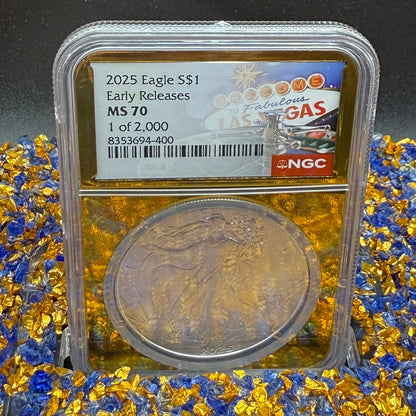 2025 $1 American Silver Eagle NGC MS70 Early Releases Vegas Label Gold Foil Rare 1 of 2,000 Mint