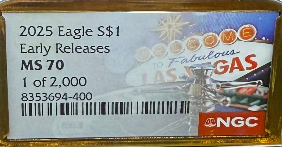 2025 $1 American Silver Eagle NGC MS70 Early Releases Vegas Label Gold Foil Rare 1 of 2,000 Mint