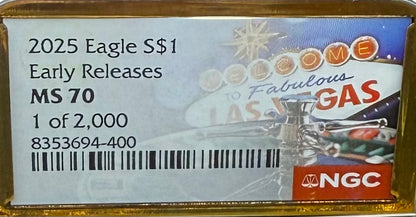 2025 $1 American Silver Eagle NGC MS70 Early Releases Vegas Label Gold Foil Rare 1 of 2,000 Mint