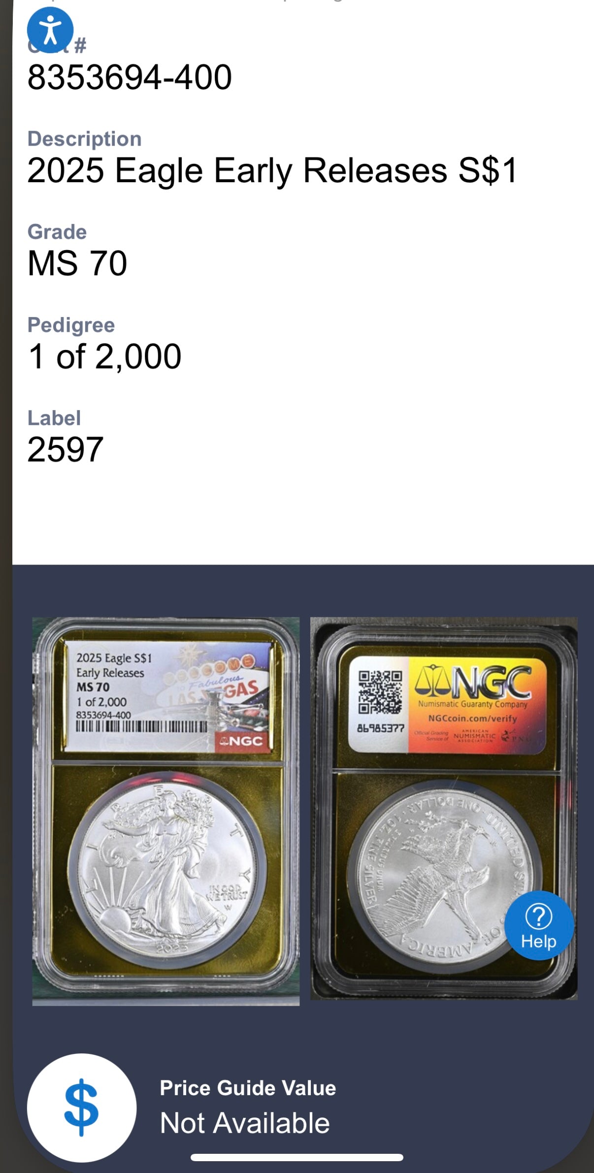 2025 $1 American Silver Eagle NGC MS70 Early Releases Vegas Label Gold Foil Rare 1 of 2,000 Mint