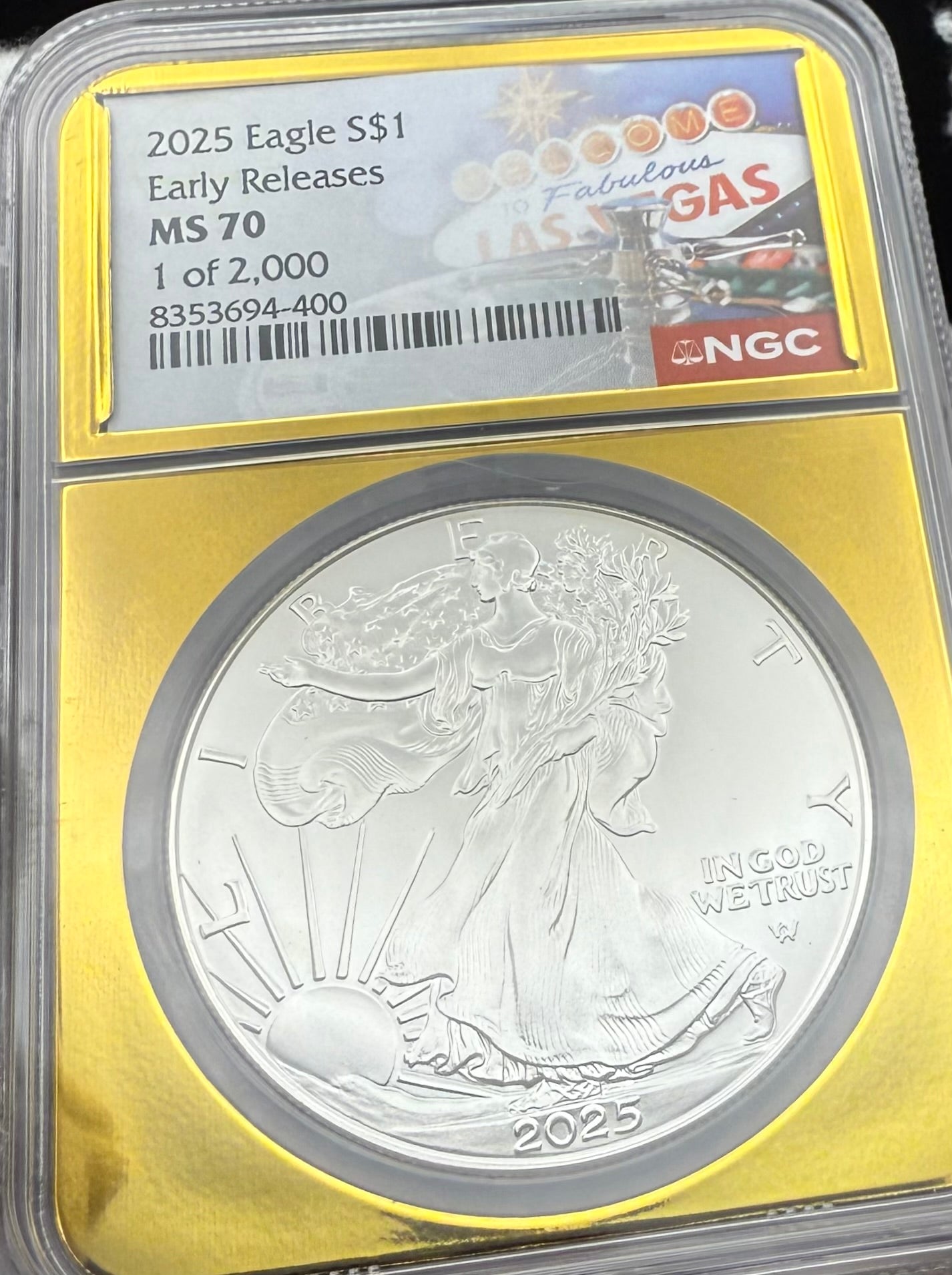 2025 $1 American Silver Eagle NGC MS70 Early Releases Vegas Label Gold Foil Rare 1 of 2,000 Mint