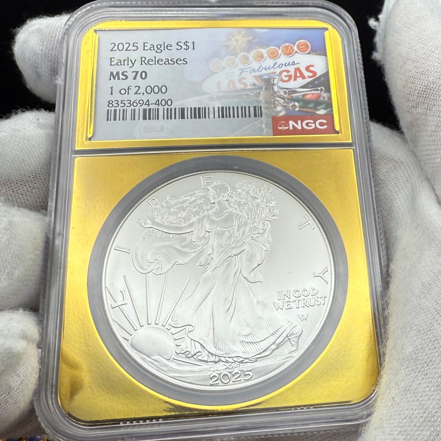 2025 $1 American Silver Eagle NGC MS70 Early Releases Vegas Label Gold Foil Rare 1 of 2,000 Mint
