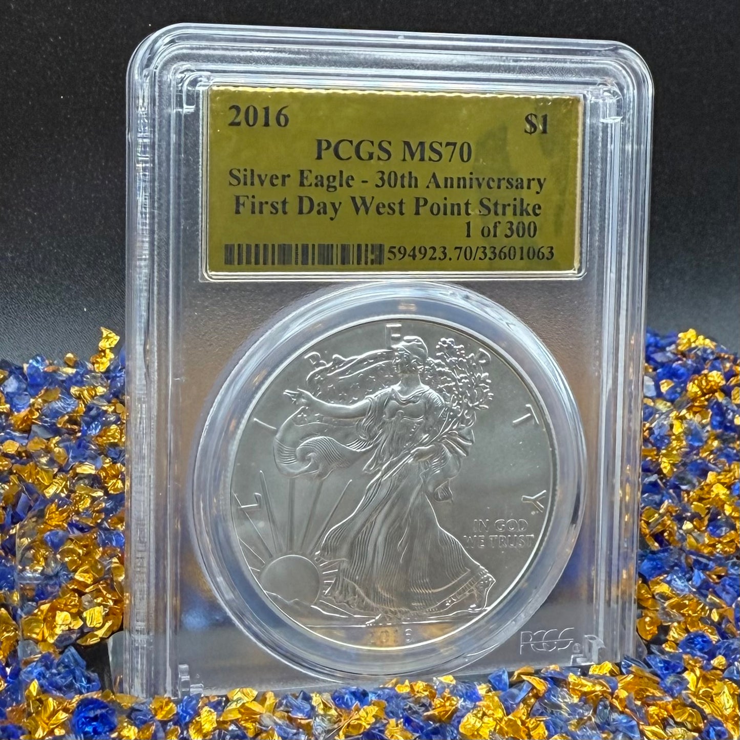 2016 $1 (W) American Silver Eagle PCGS MS70 First Day of Issue Gold Foil Label (Rare 1 of 300)
