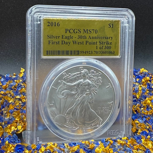 2016 $1 (W) American Silver Eagle PCGS MS70 First Day of Issue Gold Foil Label (Rare 1 of 300)