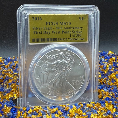 2016 $1 (W) American Silver Eagle PCGS MS70 First Day of Issue Gold Foil Label (Rare 1 of 300)