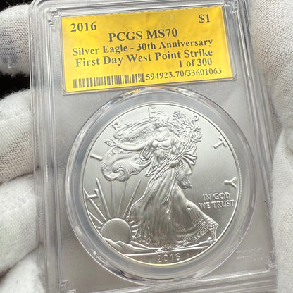 2016 $1 (W) American Silver Eagle PCGS MS70 First Day of Issue Gold Foil Label (Rare 1 of 300)