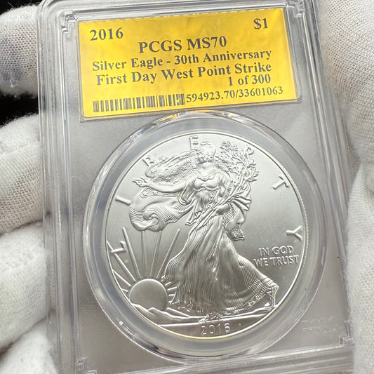 2016 $1 (W) American Silver Eagle PCGS MS70 First Day of Issue Gold Foil Label (Rare 1 of 300)