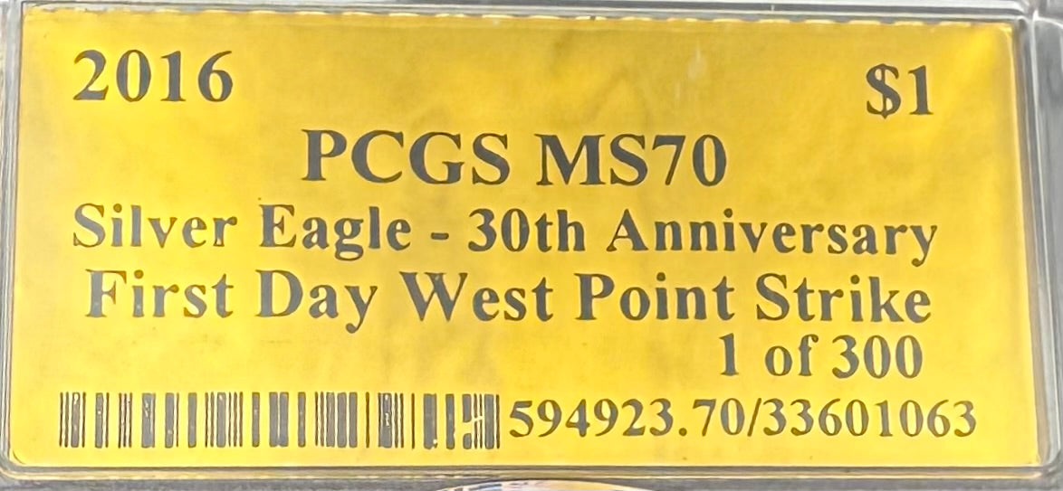 2016 $1 (W) American Silver Eagle PCGS MS70 First Day of Issue Gold Foil Label (Rare 1 of 300)