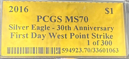 2016 $1 (W) American Silver Eagle PCGS MS70 First Day of Issue Gold Foil Label (Rare 1 of 300)