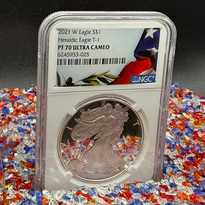 Proof 2021 (W) $1 American Silver Eagle NGC PF70UC T-1 Heraldic Eagle American Flag Enshrouded in White Core (1 of 5,344)