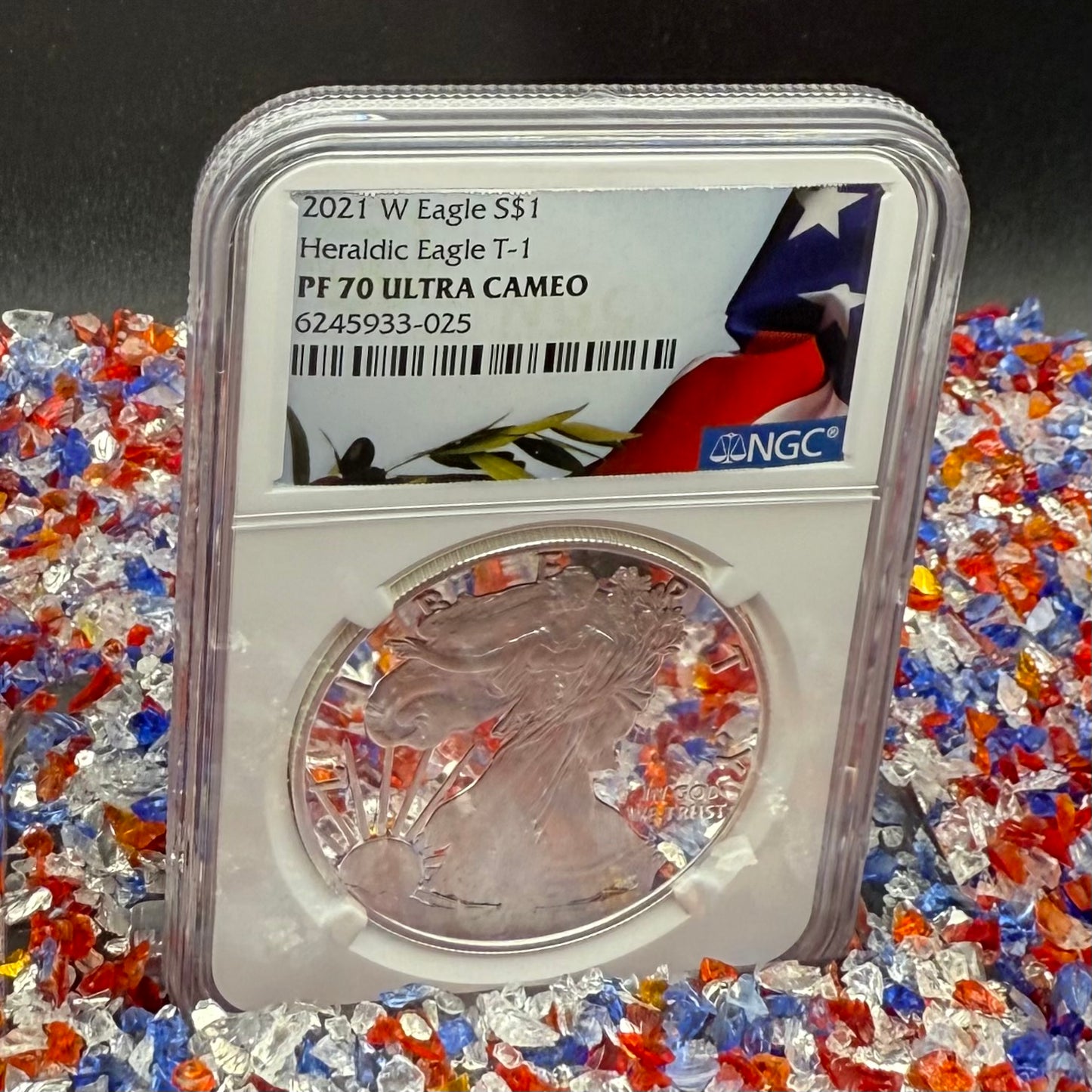 Proof 2021 (W) $1 American Silver Eagle NGC PF70UC T-1 Heraldic Eagle American Flag Enshrouded in White Core (1 of 5,344)