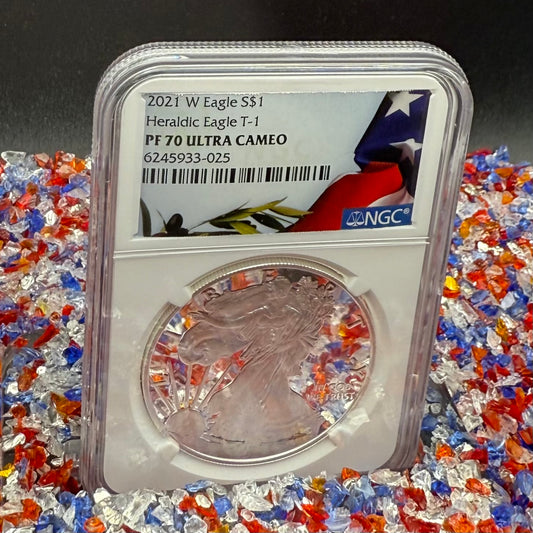Proof 2021 (W) $1 American Silver Eagle NGC PF70UC T-1 Heraldic Eagle American Flag Enshrouded in White Core (1 of 5,344)