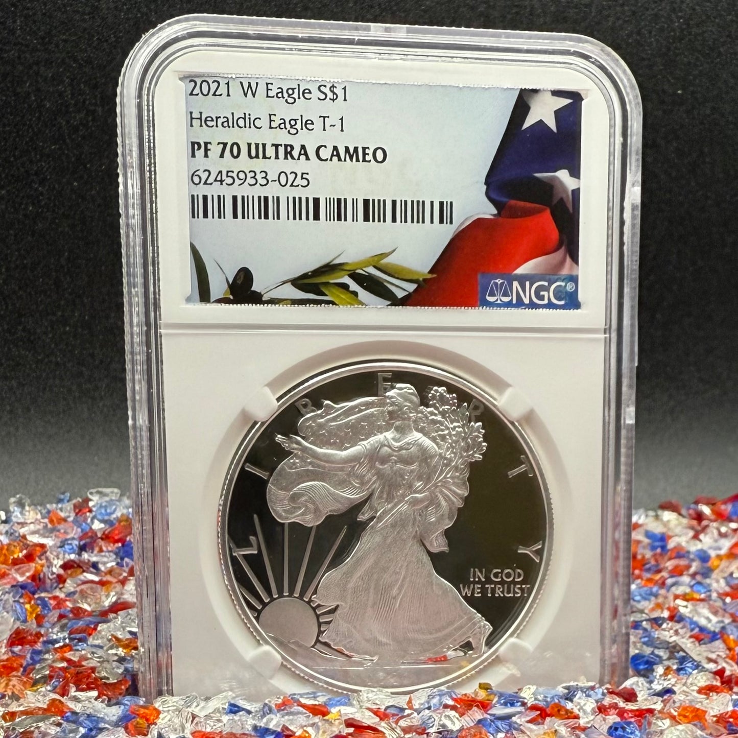 Proof 2021 (W) $1 American Silver Eagle NGC PF70UC T-1 Heraldic Eagle American Flag Enshrouded in White Core (1 of 5,344)