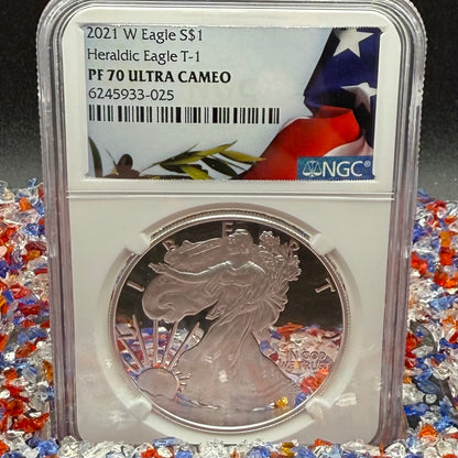 Proof 2021 (W) $1 American Silver Eagle NGC PF70UC T-1 Heraldic Eagle American Flag Enshrouded in White Core (1 of 5,344)