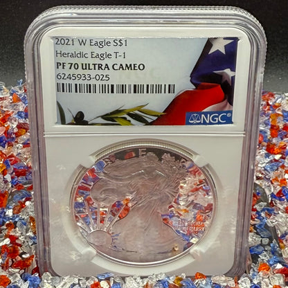 Proof 2021 (W) $1 American Silver Eagle NGC PF70UC T-1 Heraldic Eagle American Flag Enshrouded in White Core (1 of 5,344)