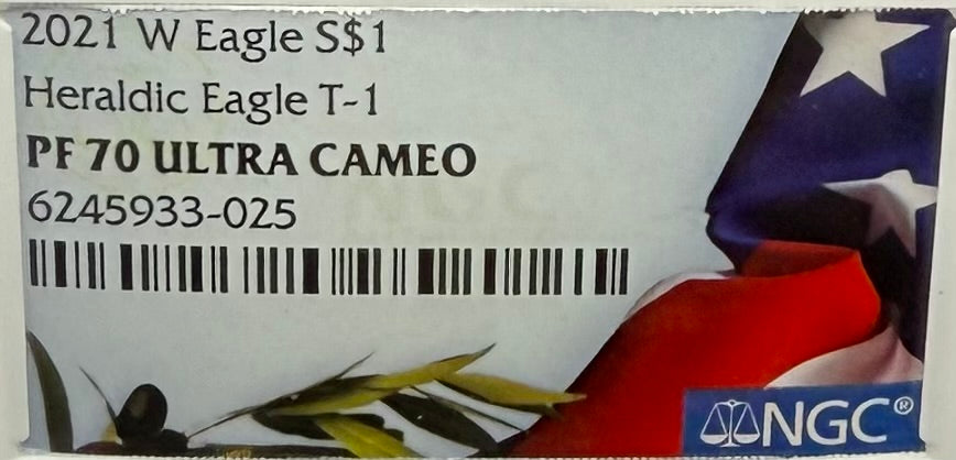 Proof 2021 (W) $1 American Silver Eagle NGC PF70UC T-1 Heraldic Eagle American Flag Enshrouded in White Core (1 of 5,344)