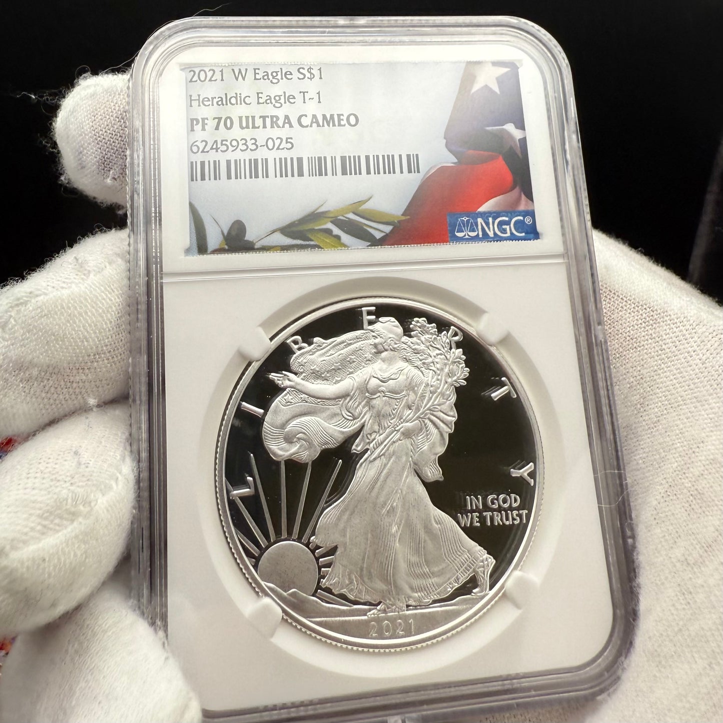 Proof 2021 (W) $1 American Silver Eagle NGC PF70UC T-1 Heraldic Eagle American Flag Enshrouded in White Core (1 of 5,344)