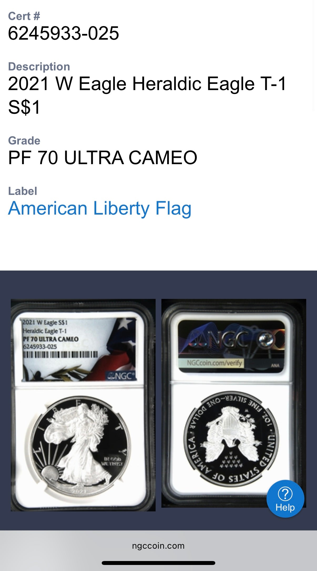Proof 2021 (W) $1 American Silver Eagle NGC PF70UC T-1 Heraldic Eagle American Flag Enshrouded in White Core (1 of 5,344)