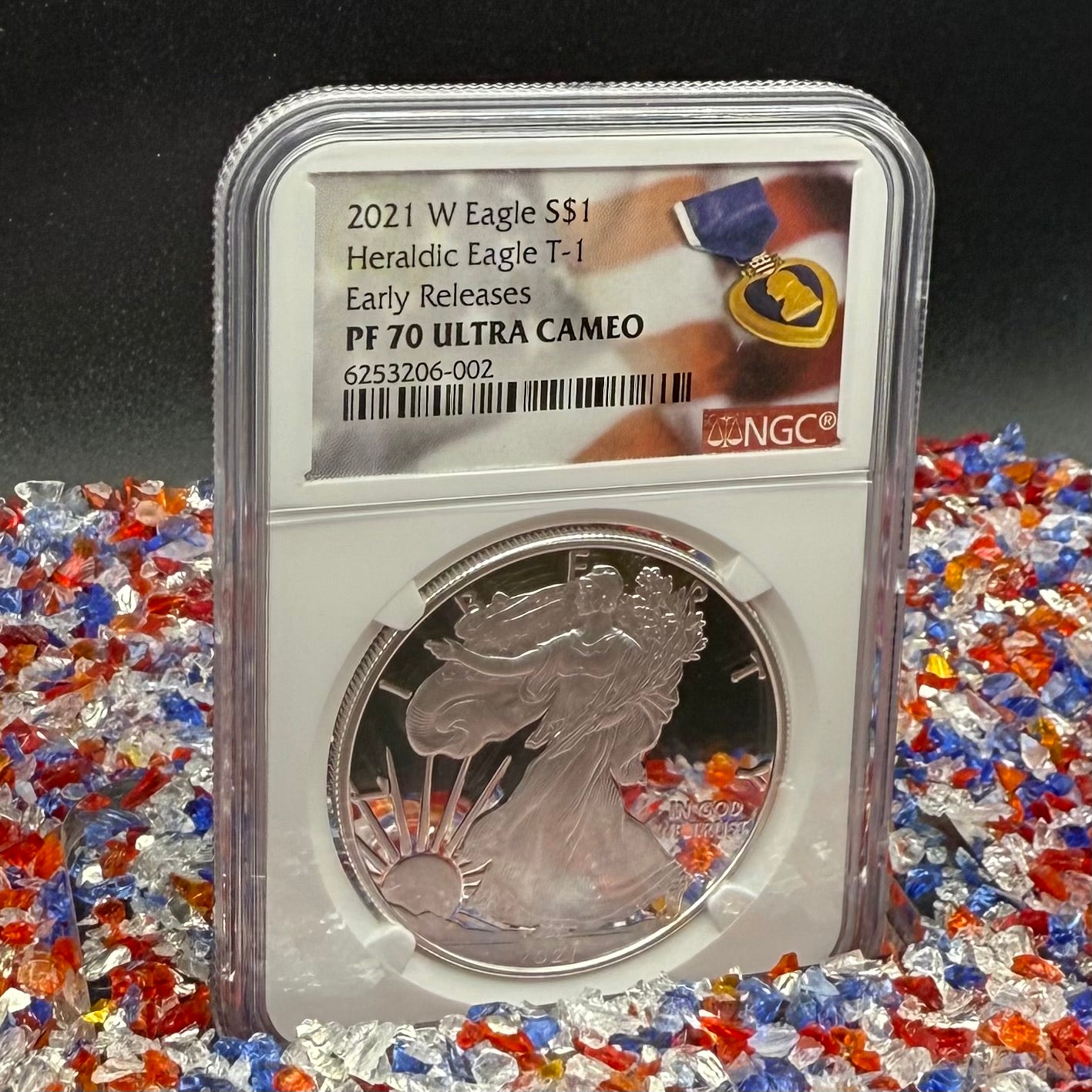 Proof 2021 (W) $1 American Silver Eagle NGC PF70UC T-1 Purple Heart Label White Core (1 of 5,344)