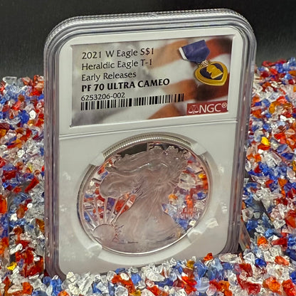 Proof 2021 (W) $1 American Silver Eagle NGC PF70UC T-1 Purple Heart Label White Core (1 of 5,344)