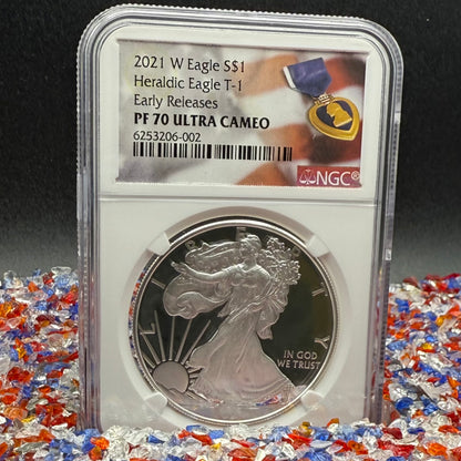 Proof 2021 (W) $1 American Silver Eagle NGC PF70UC T-1 Purple Heart Label White Core (1 of 5,344)