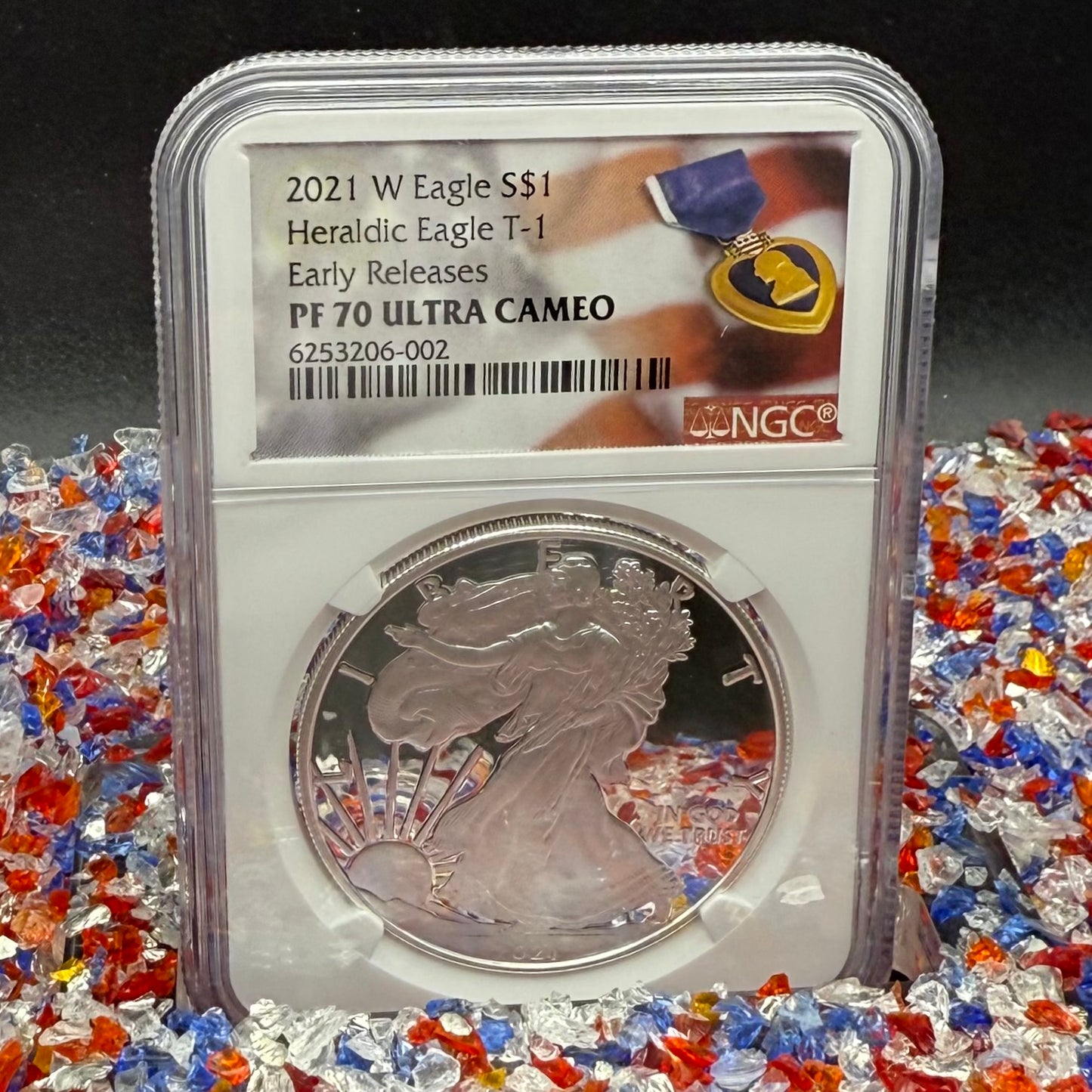 Proof 2021 (W) $1 American Silver Eagle NGC PF70UC T-1 Purple Heart Label White Core (1 of 5,344)