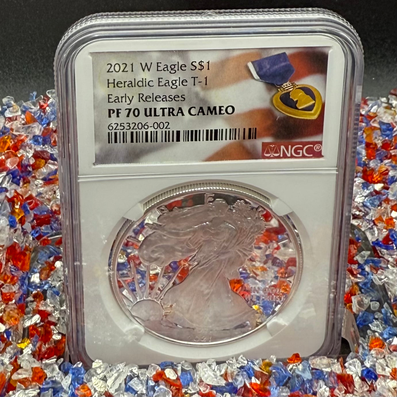 Proof 2021 (W) $1 American Silver Eagle NGC PF70UC T-1 Purple Heart Label White Core (1 of 5,344)