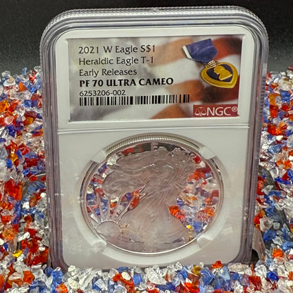 Proof 2021 (W) $1 American Silver Eagle NGC PF70UC T-1 Purple Heart Label White Core (1 of 5,344)