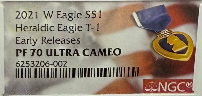 Proof 2021 (W) $1 American Silver Eagle NGC PF70UC T-1 Purple Heart Label White Core (1 of 5,344)