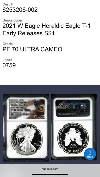Proof 2021 (W) $1 American Silver Eagle NGC PF70UC T-1 Purple Heart Label White Core (1 of 5,344)