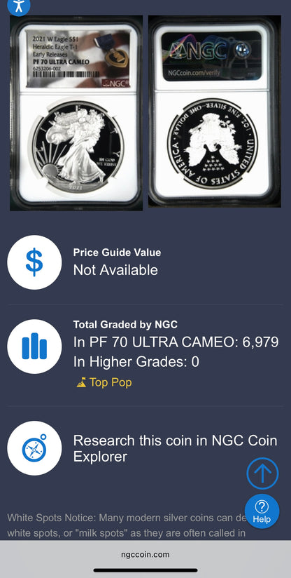 Proof 2021 (W) $1 American Silver Eagle NGC PF70UC T-1 Purple Heart Label White Core (1 of 5,344)