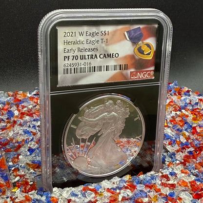 Proof 2021 (W) $1 American Silver Eagle NGC PF70UC T-1 Purple Heart Label Black Core (1 of 5,344)