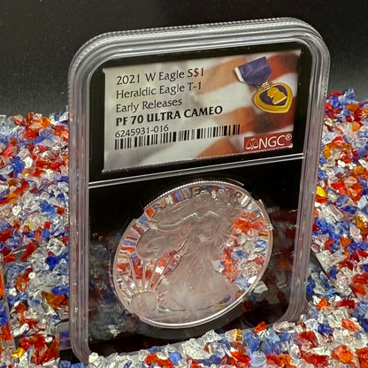 Proof 2021 (W) $1 American Silver Eagle NGC PF70UC T-1 Purple Heart Label Black Core (1 of 5,344)