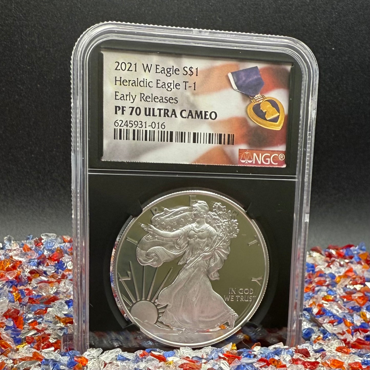 Proof 2021 (W) $1 American Silver Eagle NGC PF70UC T-1 Purple Heart Label Black Core (1 of 5,344)