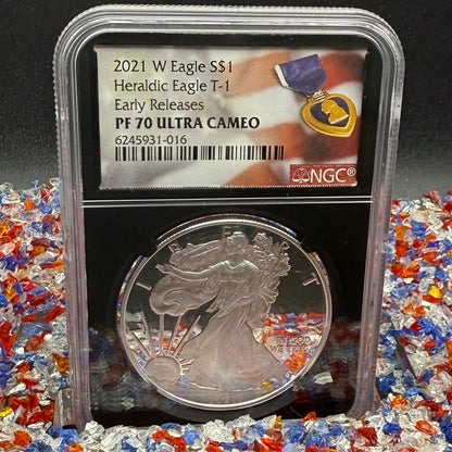 Proof 2021 (W) $1 American Silver Eagle NGC PF70UC T-1 Purple Heart Label Black Core (1 of 5,344)