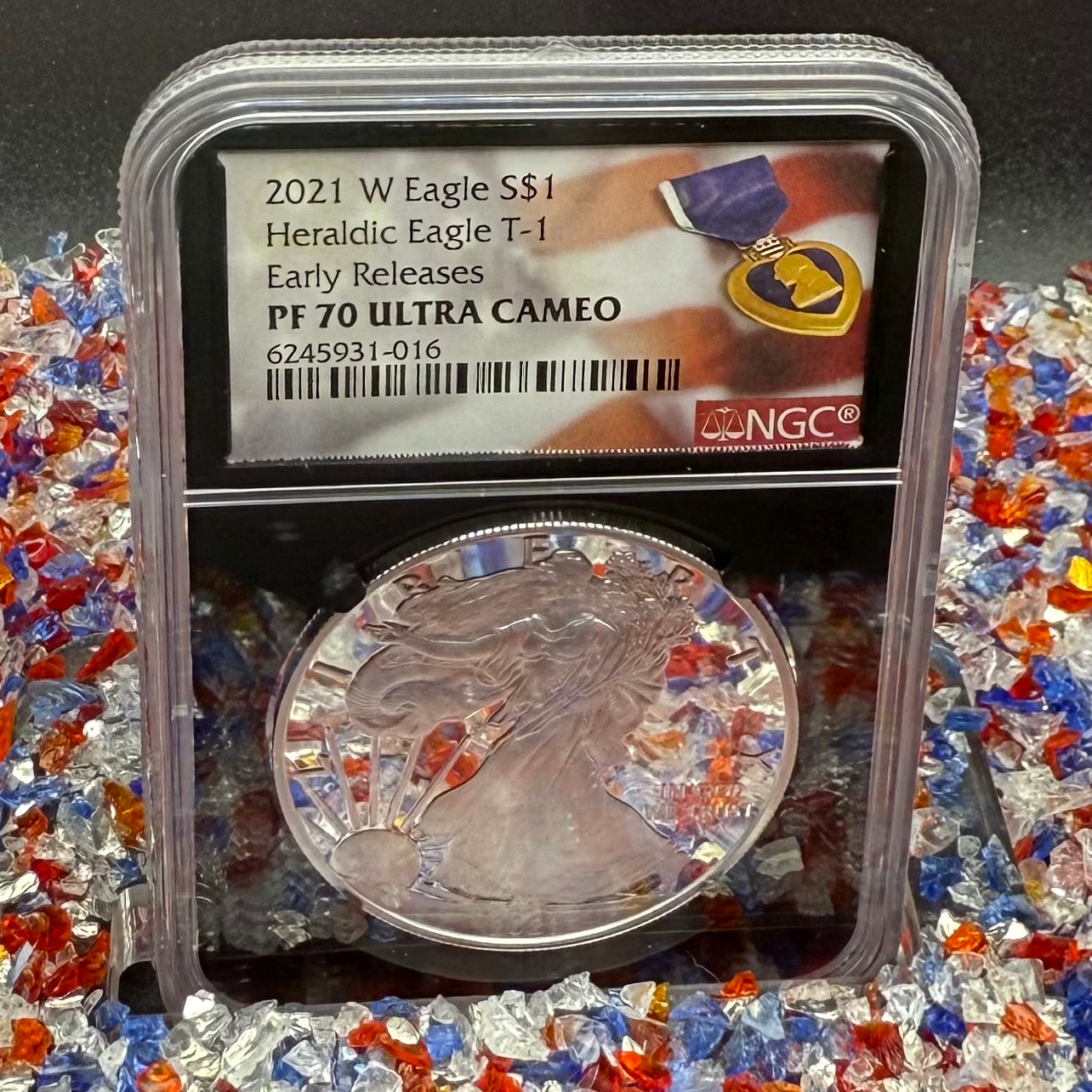 Proof 2021 (W) $1 American Silver Eagle NGC PF70UC T-1 Purple Heart Label Black Core (1 of 5,344)