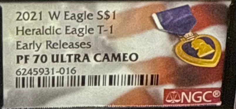 Proof 2021 (W) $1 American Silver Eagle NGC PF70UC T-1 Purple Heart Label Black Core (1 of 5,344)