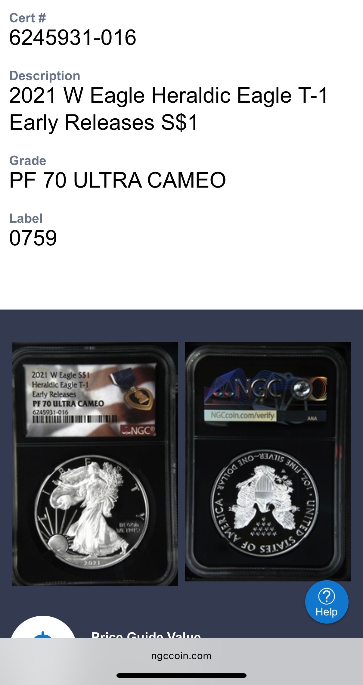 Proof 2021 (W) $1 American Silver Eagle NGC PF70UC T-1 Purple Heart Label Black Core (1 of 5,344)