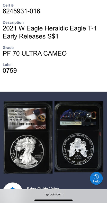 Proof 2021 (W) $1 American Silver Eagle NGC PF70UC T-1 Purple Heart Label Black Core (1 of 5,344)