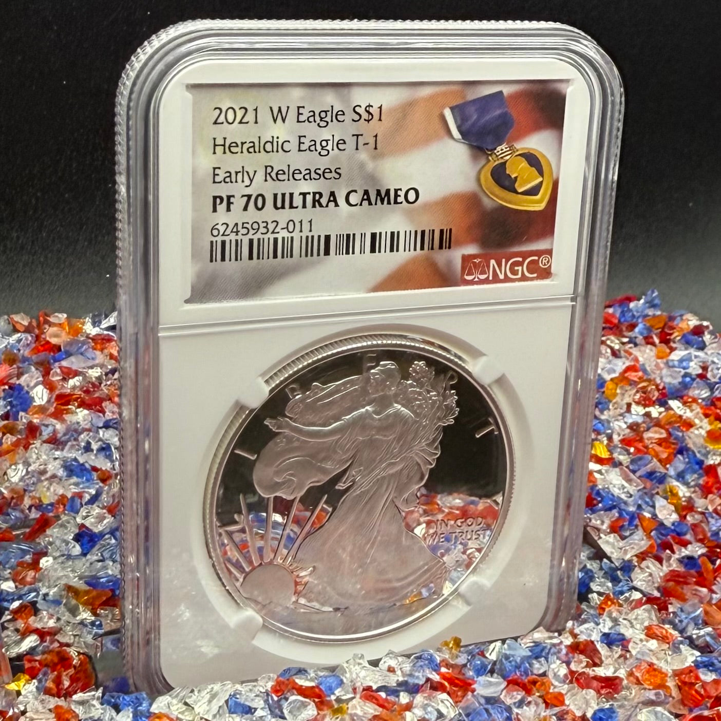 Proof 2021 (W) $1 American Silver Eagle NGC PF70UC T-1 Purple Heart Label White Core (1 of 5,344)