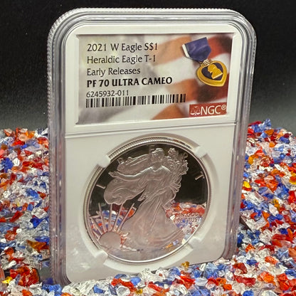 Proof 2021 (W) $1 American Silver Eagle NGC PF70UC T-1 Purple Heart Label White Core (1 of 5,344)