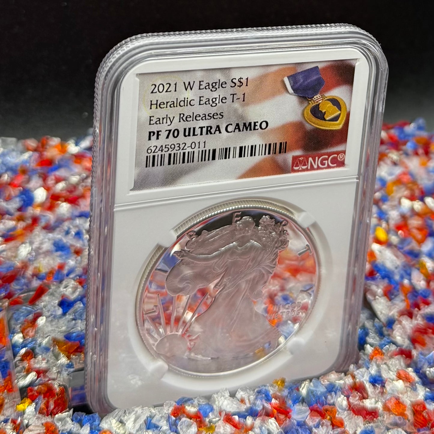Proof 2021 (W) $1 American Silver Eagle NGC PF70UC T-1 Purple Heart Label White Core (1 of 5,344)