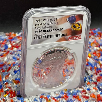 Proof 2021 (W) $1 American Silver Eagle NGC PF70UC T-1 Purple Heart Label White Core (1 of 5,344)
